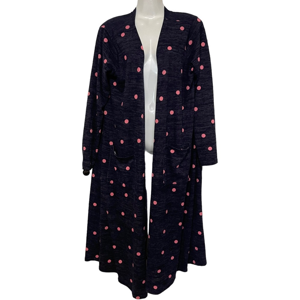 LULAROE Sarah Long Polka Dot Duster Cardigan Sweater Womens Size Large Navy/Pink